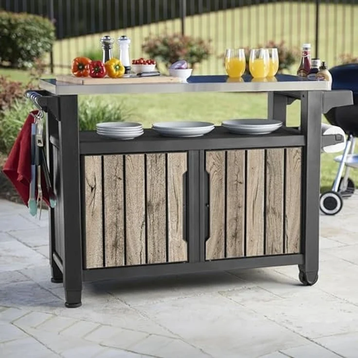 Keter Grillablagetisch UNITY XL in Holzoptik Pinie, aus Kunststoff mit Edelstahlplatte (mit Küchenrollenhalterung, Aufhängungen), abschließbar, UV- und witterungsbeständig – Bild 2