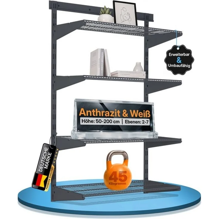 BOOMET Wandregal Regal Metall anthrazit, 60 9-tlg, Wandschienen System Hängeregal Wandboard Drahtboden – Bild 4