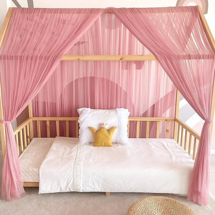Baby Fancyroom Betthimmel Betthimmel Tüll Hausbett Kinderbett 2 Stück 340cm 380cm Montessori (3-tlg. Set mit 2x Betthimmel und einer 20er Pomponkette, Baldachin, Kinder Betthimmel Baldachin Himmel Deko Set), Betthimmel für Hausbett Montessori – Bild 3