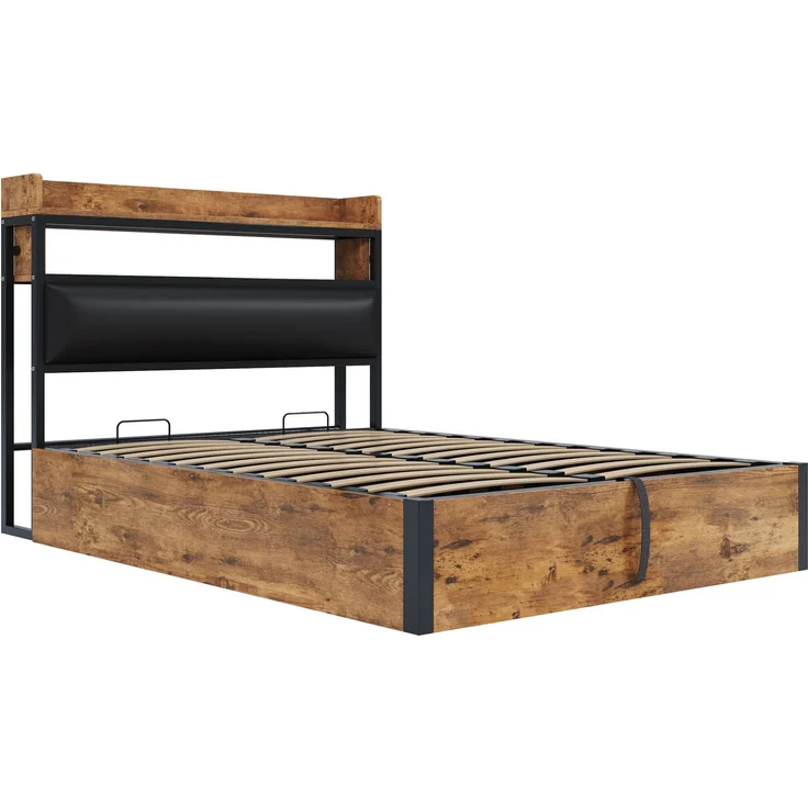 Bettrahmen 140x200 cm mit hydraulischer Hebevorrichtung, USB-Ladestation, gepolstertem Kopfteil, Vintage-Design aus Holz und Metall, Schwarz – Bild 8