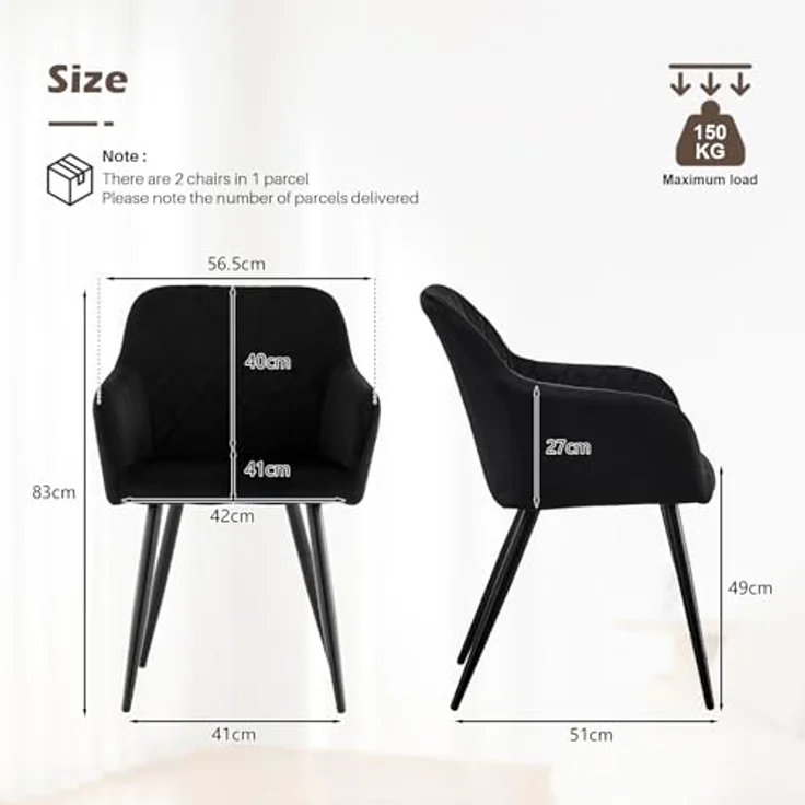 TUKAILAI Esszimmerstühle 2er Set aus Samt, Küchenstuhl Polsterstuhl Wohnzimmerstuhl Sessel mit Armlehnen Rückenlehne Metallbeinen, für Küche Esszimmer Wohnzimmer Lounge,Schwarz – Bild 4