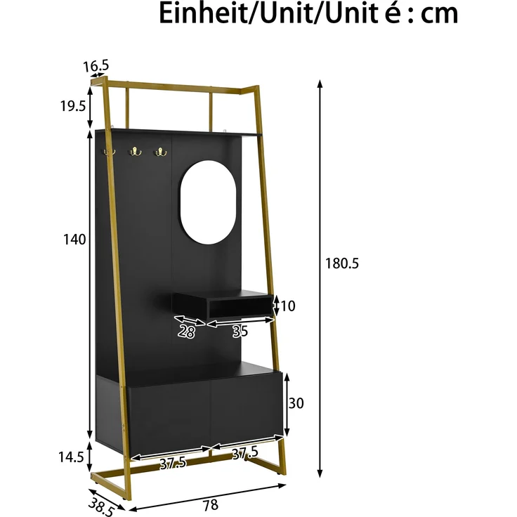 Garderobe MDF mit Spiegel, Haken & Schuhschrank, 78x38,5x180,5 cm, Schwarz – Bild 3