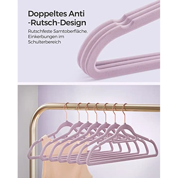 SONGMICS Kleiderbügel Samt, 50er Set, rutschfest, platzsparend | Bügel, 43,5 cm lang, 0,6 cm dick, kleine Stange für Krawatten, 360° drehbarer, Lila + Roségold ,BREANNA Kollektion CRF021GP50 – Bild 3