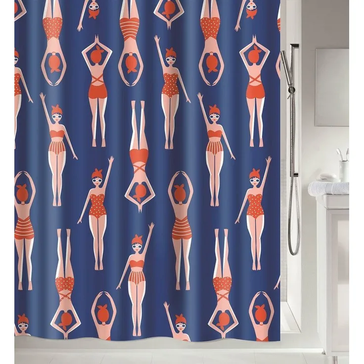spirella Duschvorhang BAIGNEUSES Breite 120 cm, Premium Textil-Duschvorhang, 100% Polyester, wasserabweisend, Anti-Schimmel-Effekt, waschbar 30°, Made in Europe, sommerliches Motiv im Retro-Style, Farbe blau/rot, Größe 120 x 200 cm