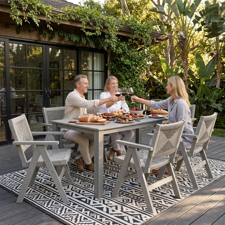 MARIELYST 5-teilige Garten Essgruppe, Gartentisch mit HIPS-Rahmen + 4 Armlehnenstühle mit geflochtenem Rattanbezug, Outdoor Esstisch Set für Terrasse, Balkon & Garten (Charcoal Grey+Light Grey)