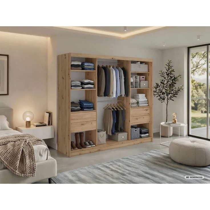 Schwebetürenschrank NAURU mit Lamellen-Optik, moderner Kleiderschrank, Breite 240 cm, inkl. Innenausstattung & Stauraum, Akustikpaneel-Design - Eiche Artisan und Schwarz - mit Schubladen – Bild 3