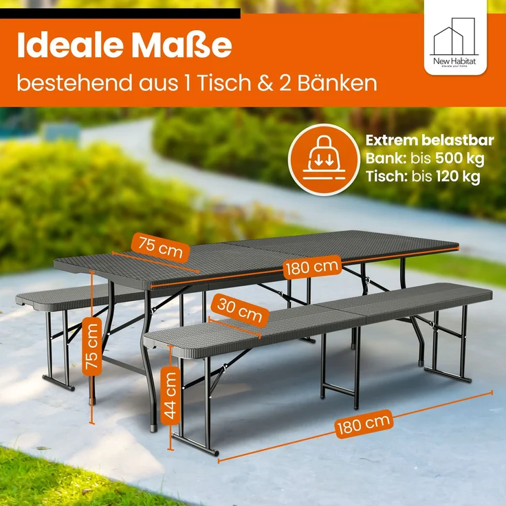 NewHabitat Bierzeltgarnitur 3-tlg., klappbar & wasserabweisend, Polyrattan, 1 Tisch & 2 Bänke – Bild 2
