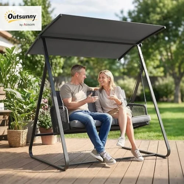 Outsunny Hollywoodschaukel mit Verstellbarem Sonnendach, weichem Kissen, A-Rahmen, 2-Sitzer, verstellbares Dach, Schaukelbank, geeignet für 2 Personen, Gartenschaukel, 3 tlg, 2-Sitzer Schaukelbank, für Garten Terrasse 150 x 128 x 168 cm Dunkelgrau – Bild 2