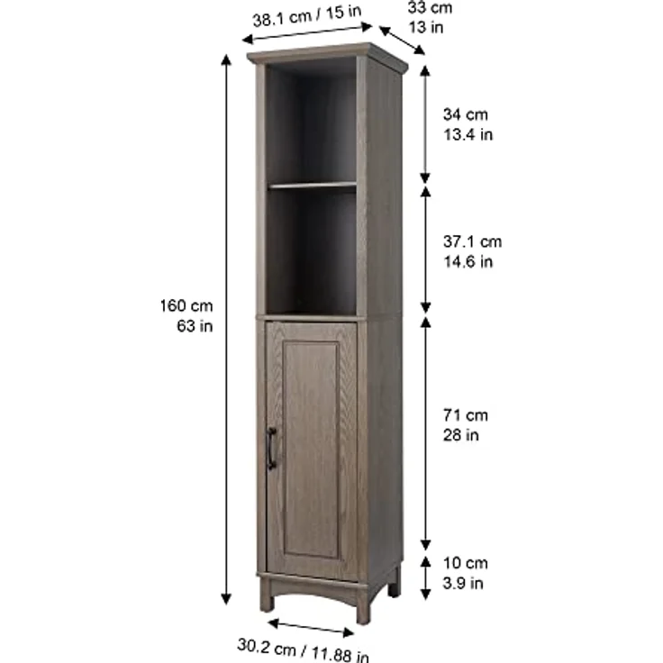 Elegant Home Fashions Russell Holz Badezimmer Leinen Tower Aufbewahrungsschrank 33 cm x 38 cm x 159,4 cm mit offenen Regalen & Türen Salzeiche EHF-F0012, Salt Oak, One Size – Bild 4