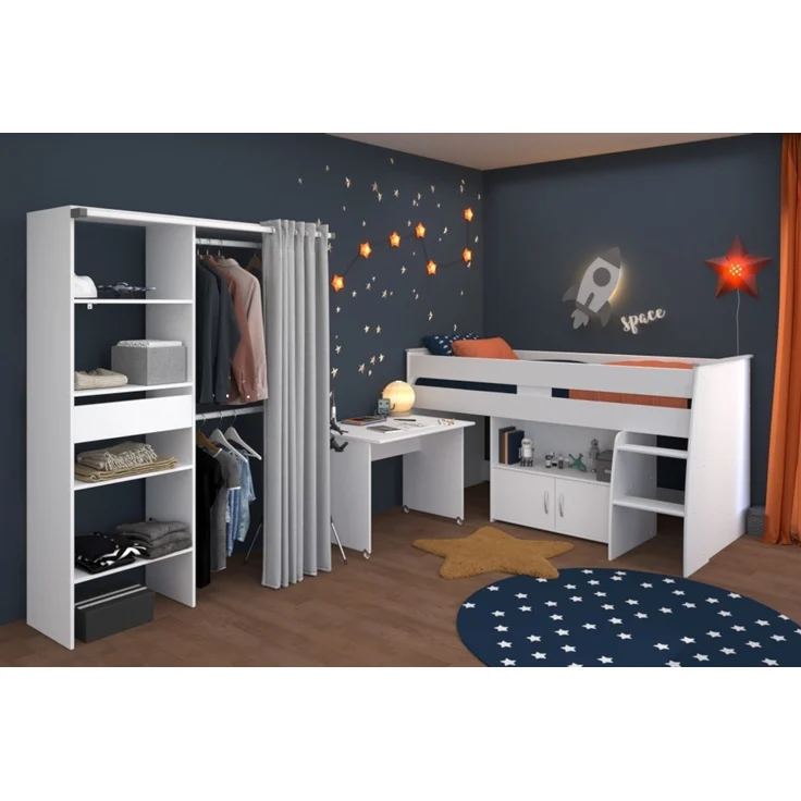 Jugendzimmer Reverse Kinderzimmer Komplett Set in Weiß mit Hochbett – Verschiedene Set Varianten - 3 teilig , Hochbett + Lattenrost + offener Kleiderschrank , 90 x 200 cm