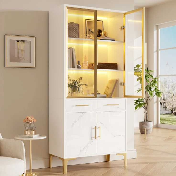 ZUBALIYA Vitrine, mit Schubladen, mit Stauraum, mit LED-Beleuchtung, mit App-Steuerung, H 170 × T 38 × B 75 cm, Weiß, MDF / Spanplatte – Bild 6