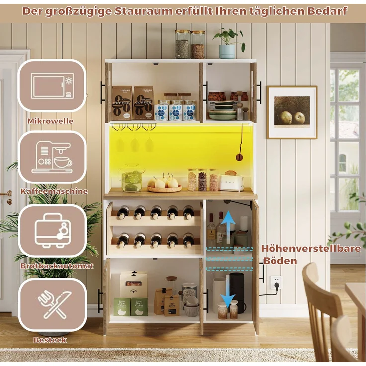 ZUBALIYA Buffetschrank 100 x 40 x 180 cm – Riffelglasfronten, RGB-LED mit Fernbedienung, 2 Steckdosen und USB, Weinregal für 10 Flaschen, MDF, Weiß, Sonoma-Eiche-Optik – Bild 5