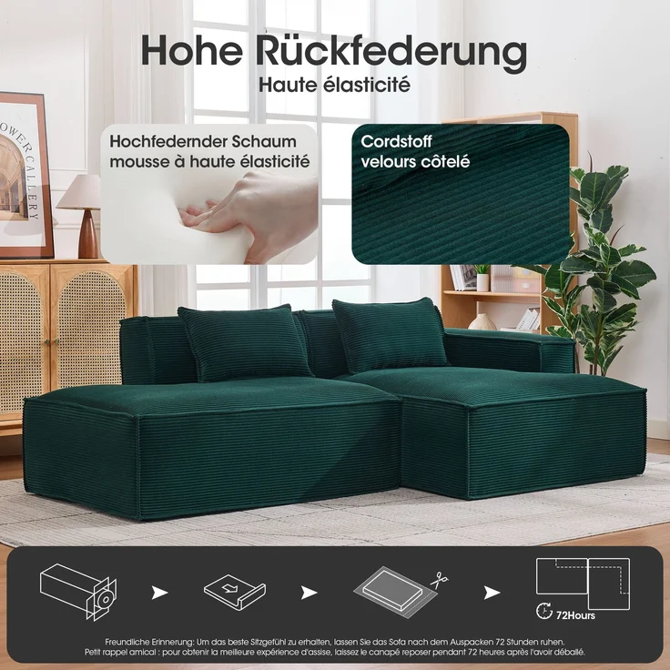 LVHOM Ecksofa 2 Sitzer, Modulares Sofa 235 cm breit, L-Form Sofa mit 2 Kissen, Schlafsofa aus Cordstoff, kein Aufbau erforderlich, Dunkelgrün – Bild 4
