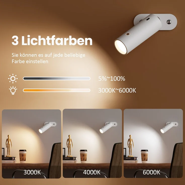 EMKE LED Tischlampe kabellos, 6-in-1 Wiederaufladbare Tischlampen, dimmbar, mit Touch LED, schwarz, Tischlampe Outdoor, 3 Farbmodi, 360° einstellbare magnetische Wandleuchte, USB-C, Weiß – Bild 2