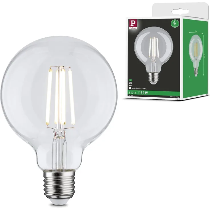 Paulmann 29127 Eco-Line Filament 230V LED Globe G95 E27 840lm 4W 4000K Klar Leuchtmittel
