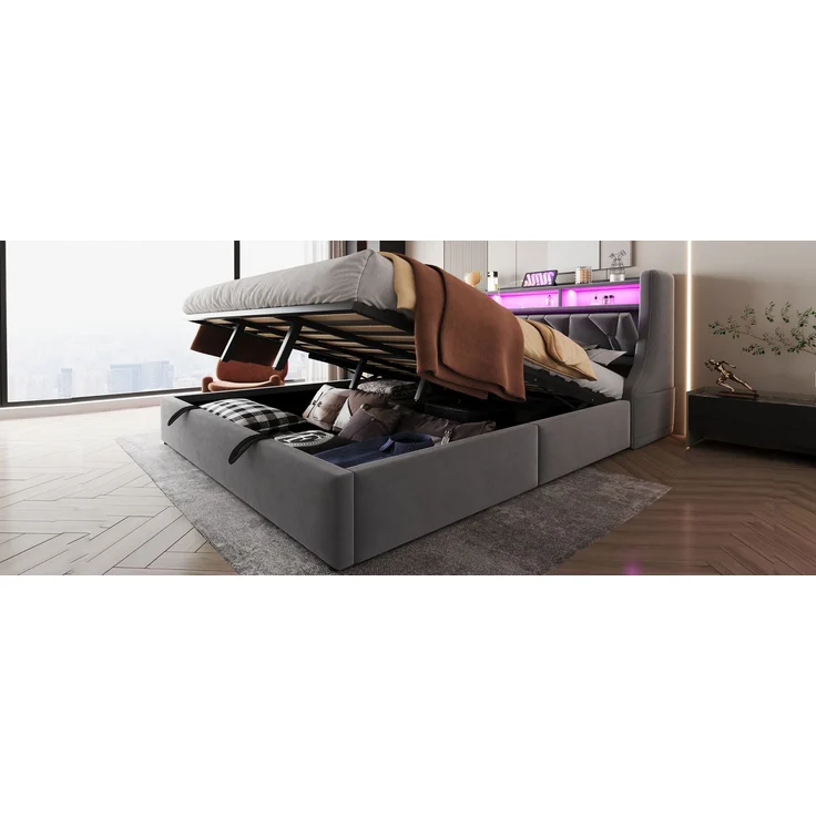 U-life Polsterbett 180x200 cm, fürs Schlafzimmer, hydraulischer Stauraum, klappbar, Steckdose und Ablagefach, LED-Beleuchtung, Sperrholz, Grau – Bild 8