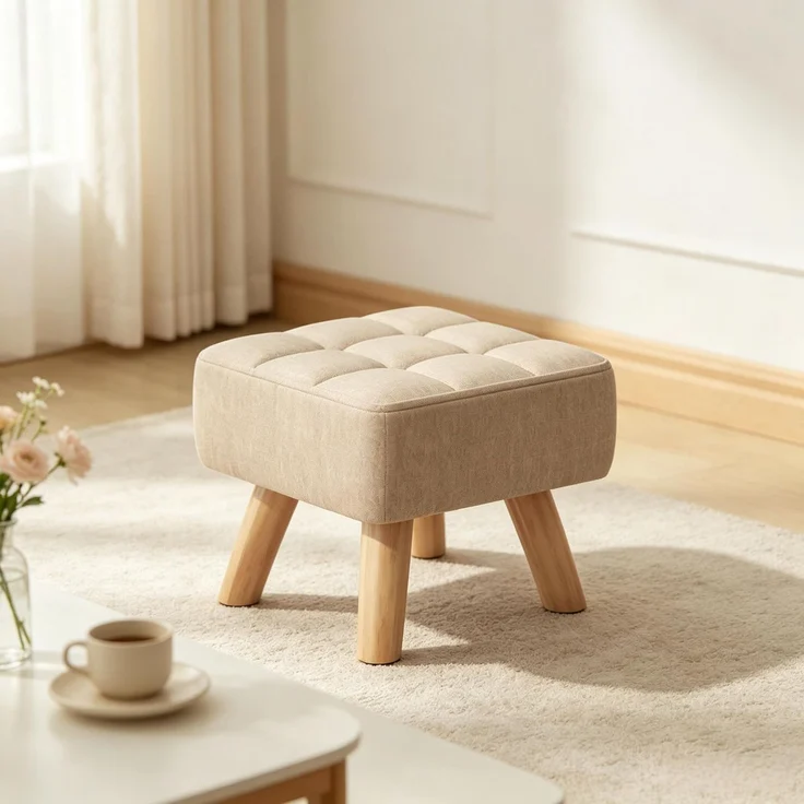 Hocker 27x27x26 cm mit gepolsterter Sitzfläche, Leinenbezug in Hellbraun – Bild 1
