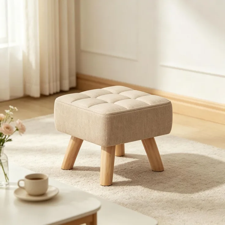 Hocker 27x27x26 cm mit gepolsterter Sitzfläche, Leinenbezug in Hellbraun