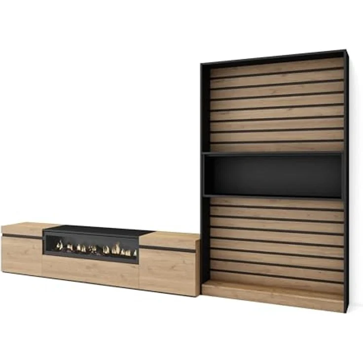 Skraut Home Wohnzimmermöbel für TV | Esstisch-Set | 210 x 186 x 35 cm | für Fernseher bis 80 Zoll | elektrischer Kamin | moderner Stil | Eiche und Schwarz – Bild 1