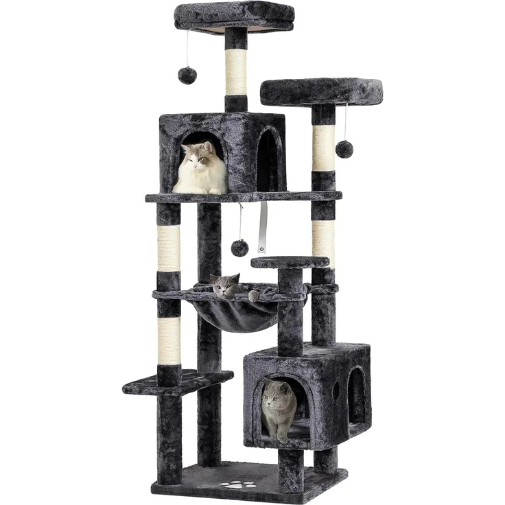 MSmask Kratzbaum groß, L Katzenbaum Stabil, Katzenkratzbaum mit 2 Plattformen, 2 Katzenhöhlen, Hängematte, Sisalsäulen, mehrstöckiger Kletterbaum für Katzen (Dunkelgrau, 160 cm)