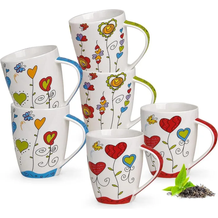matches21 HOME & HOBBY Tasse Kaffeetassen 6er Set Blumen Herzen Frühling Sommer, Porzellan, Tee Kaffee-Becher, modern, blau grün rot bunt, 300 ml