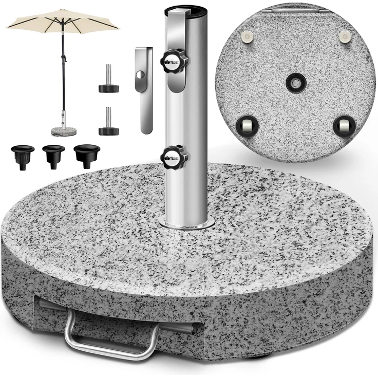 tillvex® Granit Sonnenschirmständer mit Rollen & Teleskopgriff 27 kg Grau - Rund | Schirmständer Sonnenschirm mit Edelstahlrohr | Balkonschirmständer für Schirmstöcke 16-48 mm & 300 cm Schirmdurchmesser – Bild 1