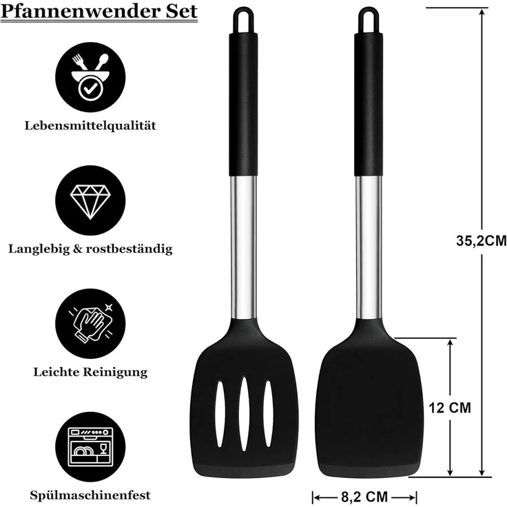 Homikit Silikon Pfannenwender Set Schwarz Edelstahlgriff 2er Kochbesteck – Bild 2