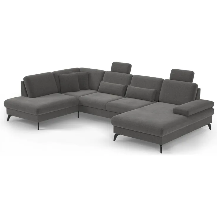 Cavadore Wohnlandschaft Moritz / Sofalandschaft mit Longchair im trendigen Design, Sitztiefenverstellung, Kopfstützen und mattschwarzen Metallfüßen / 212x82-107x335 / Flachgewebe, Grau