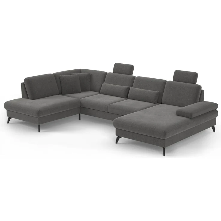 Cavadore Wohnlandschaft Moritz / Sofalandschaft mit Longchair im trendigen Design, Sitztiefenverstellung, Kopfstützen und mattschwarzen Metallfüßen / 212x82-107x335 / Flachgewebe, Grau