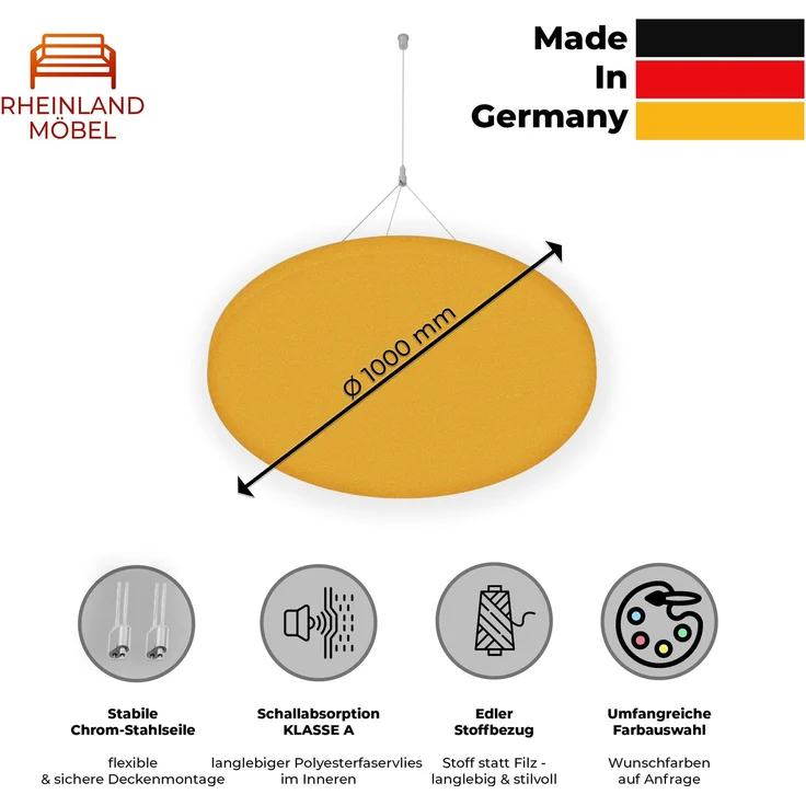 Rheinland Möbel FocusWall DAR10 – Runder Akustik-Deckenabsorber Ø 100 cm in Stofffarbe Solano inkl. Chrom-Stahlseilen - Made in Germany - Klasse A, Stoffbezug, schwer entflammbar – Bild 2