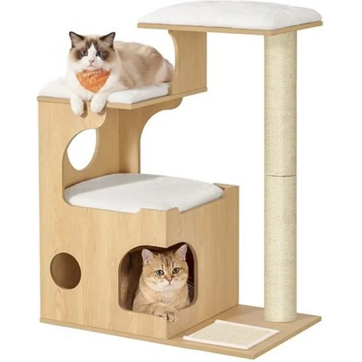 FEANDREA Kratzbaum, Kletterbaum für Katzen, mit Liegeflächen und Höhle, Sisal-Kratzmatte, Plüschkissen, 86 cm, gelb – Bild 1