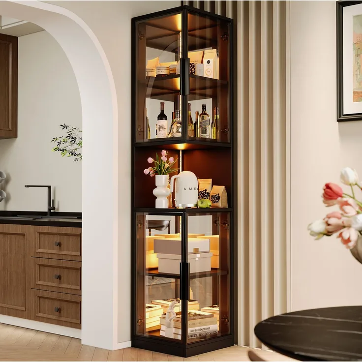 Vitrinenschrank 42 x 44 x 205 cm mit Glastüren, Spiegelrückwand und LED-Beleuchtung