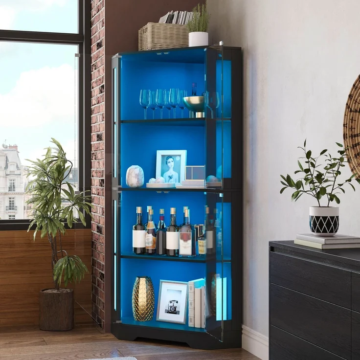 Merax 165 cm Glasvitrinenschrank mit LED, 4-stufiger Sicherheitsglas-Eckschrank, moderner Weinschrank, Schwarz – Bild 3