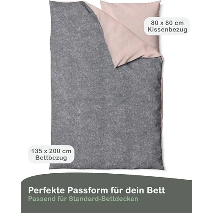 LINKHOFF Wendebettwäsche Biber Bettwäsche 135x200 + 80x80 cm Rosa / Anthrazit Uni, Bügelfrei, Atmungsaktiv, Superweich, Bettwäsche-Set – Bild 3