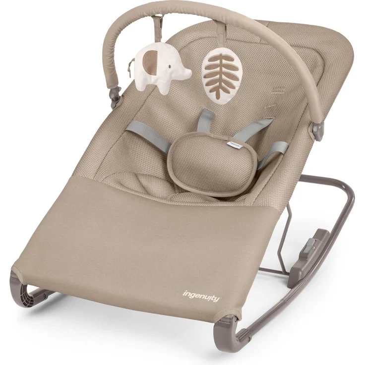 Ingenuity Nestle Vibrations Baby Wippe, leichte faltbare Babyschaukel mit atmungsaktivem Stoff, 2-fach verstellbar, Spielzeugleiste, 5-Punkt-Gurt, mit Reisetasche