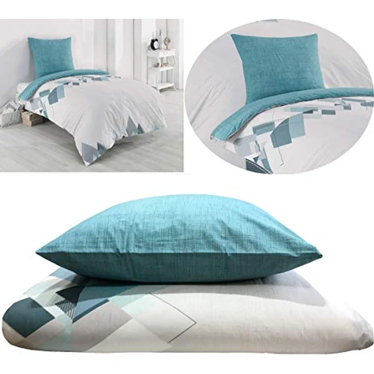 Buymax Bettwäsche Wende-Bettwäsche, Premium, Renforce: 100% Baumwolle, 3 teilig, 200x200 cm, Bettbezug-Set, mit Reißverschluss, Weiß Türkis – Bild 5