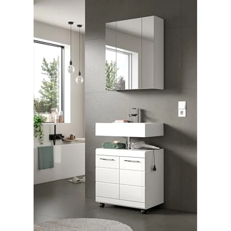 xonox. home – 2 TLG. Badkombination Scout 60x191x34 cm in Weiß Hochglanz – Mobiles Set aus Waschbeckenunterschrank & Spiegelschrank auf Rollen – Modernes Badezimmerset für Flexible Badorganisation – Bild 5