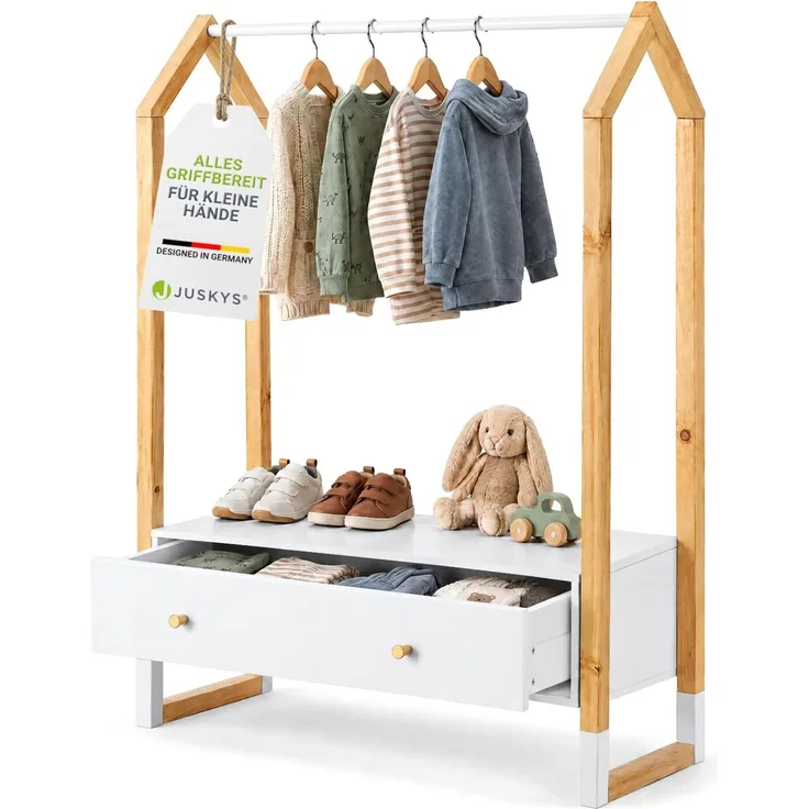 Juskys Kinder Kleiderständer Filla - große Schublade, Kleiderstange, offener Ständer - Kindergarderobe aus Holz - Mädchen & Jungs - Garderobe Weiß