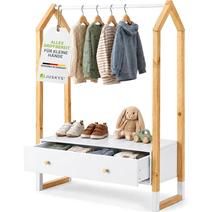Juskys Kinder Kleiderständer Filla - große Schublade, Kleiderstange, offener Ständer - Kindergarderobe aus Holz - Mädchen & Jungs - Garderobe Weiß – Bild 1