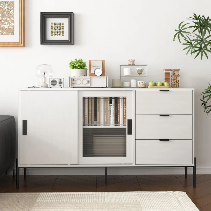 Klassisches Sideboard mit geripptem Glas und 3 Schubladen in Weiß, 160 lbs Tragfähigkeit – Bild 2