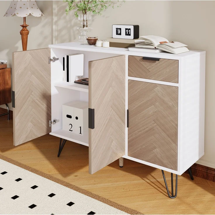 DESVIAE Sideboard Aufbewahrungsschrank mit Schublade, 90x71,5x30 cm, MDF und Spanplatte, Weiß und Holzfarbe – Bild 6