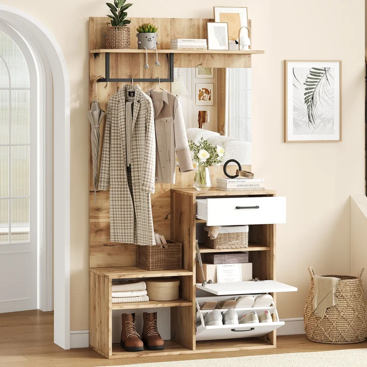 Faumrta 100*38.5*190cm Garderoben-Set mit Spiegel, Schuhbank, Schuhschrank, Flurschrank, Hängeschrankregal, Kompaktgarderobe, Mit 1 Schublade und 2 Schränken, viel Stauraum, Weiß + Original Holzfarbe100CM*38.5CM*190CMNaturalSpanplatte – Bild 5