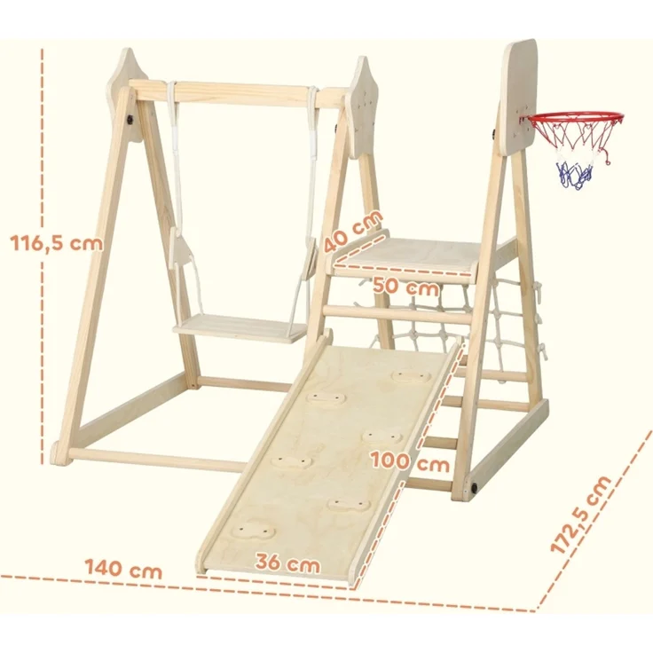 LVHOM Indoor Klettergerüst aus Massivholz, mit Kinderschaukel, Rutsche, Kletterwand & Basketballkorb, klappbar, Stabil bis 50kg, Natur – Bild 6
