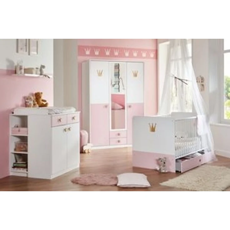Babyzimmer Cindy Kinderzimmer Komplett Set in Weiß und Rosé in verschiedenen Varianten wählbar - 7 teilig , 3 türiger Kleiderschrank + Babybett + Wickelkommode + Umbauseiten + Bettschubkasten + Seitenregal + Wandboard – Bild 6