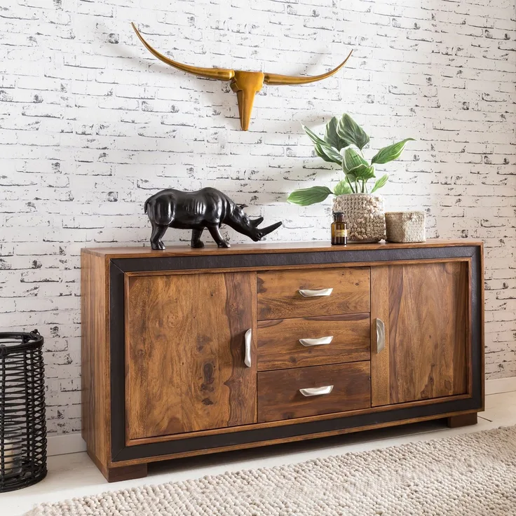 FINEBUY Sideboard FB46382 (160x44x80 cm Massivholz Kunstleder), Kommode Schubladen & Türen, Standschrank Anrichte
