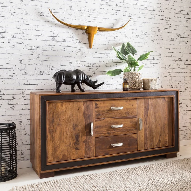 FINEBUY Sideboard FB46382 (160x44x80 cm Massivholz Kunstleder), Kommode Schubladen & Türen, Standschrank Anrichte – Bild 1