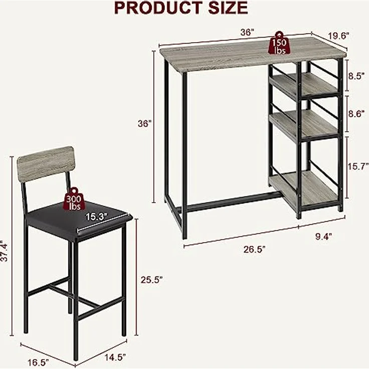 GarveeHome Bartisch Mit Barhocker Set, 2 Personen Bartisch Set Mit 3-Stufigen Ablageflächen, Platzsparende Essgruppe, Stehtisch Mit 2 Gepolsterten Stühlen Für Küche, Wohnung, Bistro, Grau – Bild 3