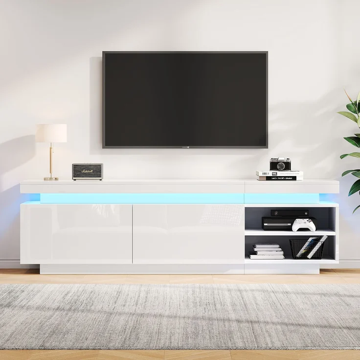 Merax Moderner Lowboard Hochglanz-TV-Schrank mit LED-Beleuchtung, TV-Board, TV-Kommode, geeignet für 75-Zoll-TVs,Tisch, universeller Gaming-Medienständer, Aufbewahrungsschrank und großer Stauraum, weiß – Bild 1