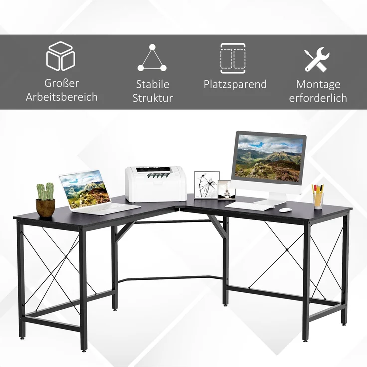 Eckschreibtisch mit MDF-Platte & Stahlgestell, 150x150x76 cm, Schwarz – Bild 5