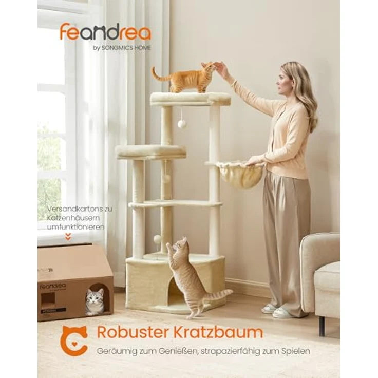 Feandrea Kratzbaum, Katzenbaum, 48,5 x 48,5 x 140,7 cm, Katzenkratzbaum mit großer Kuschelhöhle, großen Plattformen, Plüschbällen, Liegemulde, sandbeige – Bild 3